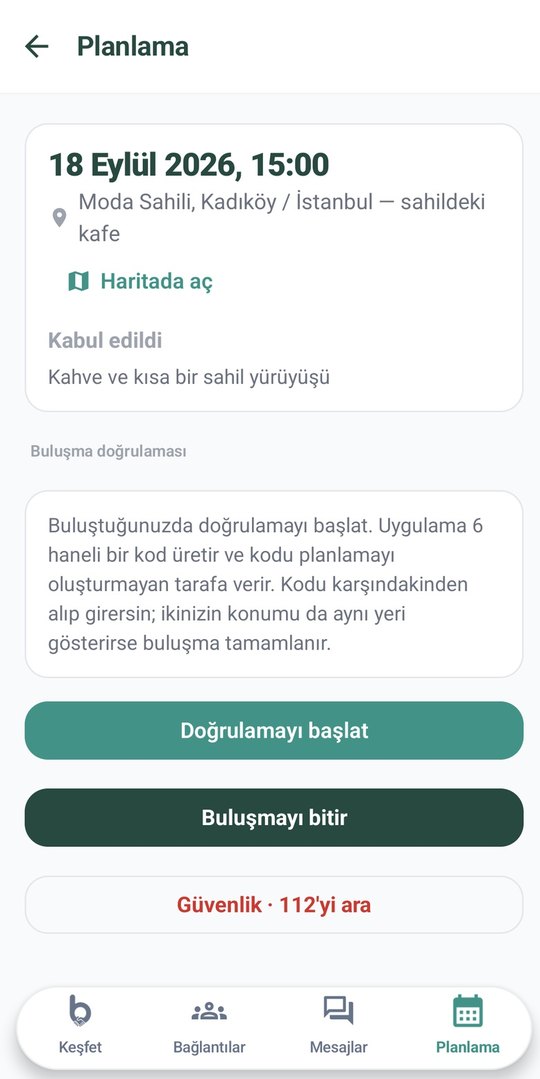 Bana Güven — haritalı buluşma planlama ve doğrulama ekranı